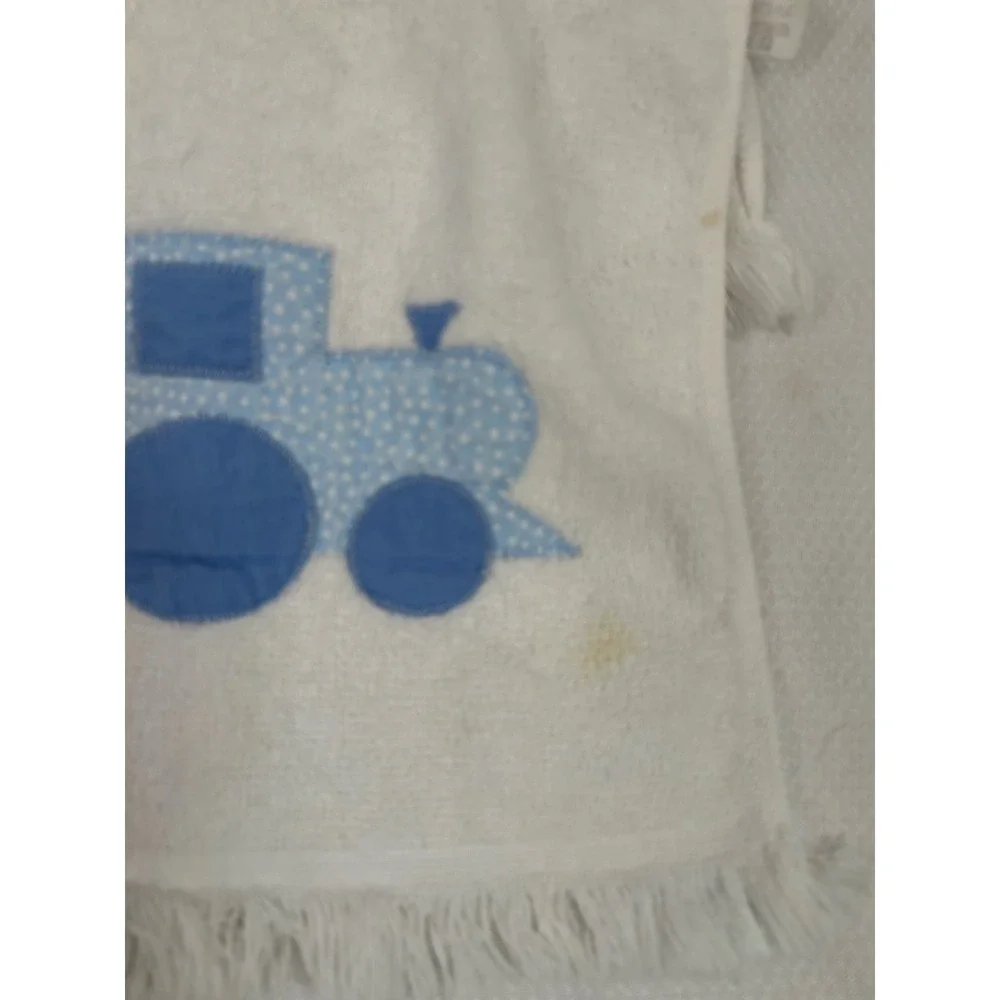 Cannon Train Tractor Bib OS White Blue Applique Fringe Cotton Kids